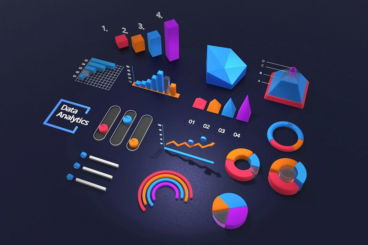 A dark surface scattered with brightly coloured 3D chart shapes — bar charts, pie charts, donuts, funnels and sliders — arranged as a set of decorative analytics props.