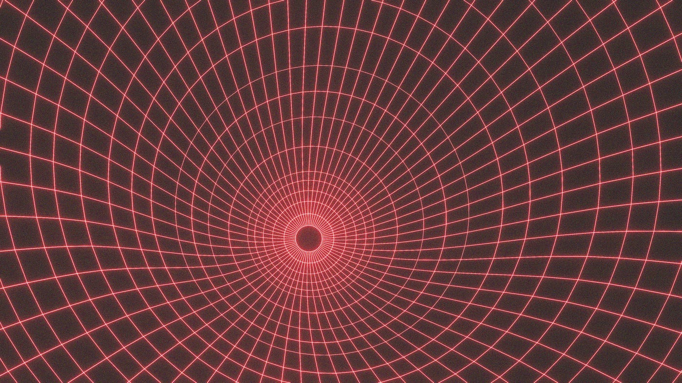 A dense grid of red laser lines curving into a single bright point at the centre, like a warped coordinate system.