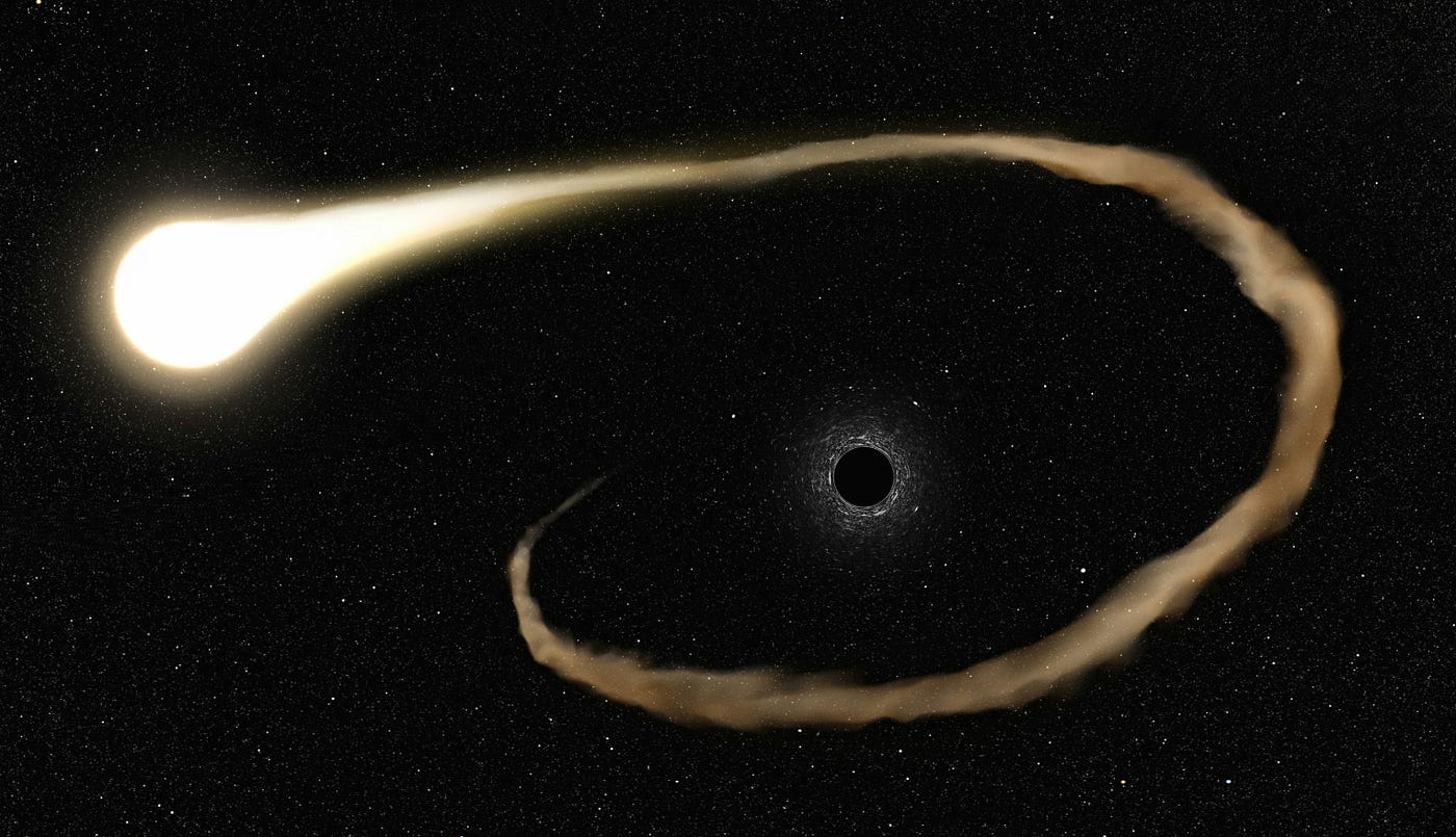 Illustration of a star being pulled apart by a black hole, its matter drawn out into a long bright streamer that loops back into a disc around the dark core.